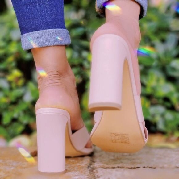 Women's Pink Bandage Square Toe Sandals Chunky Heels - Picture 4 of 5